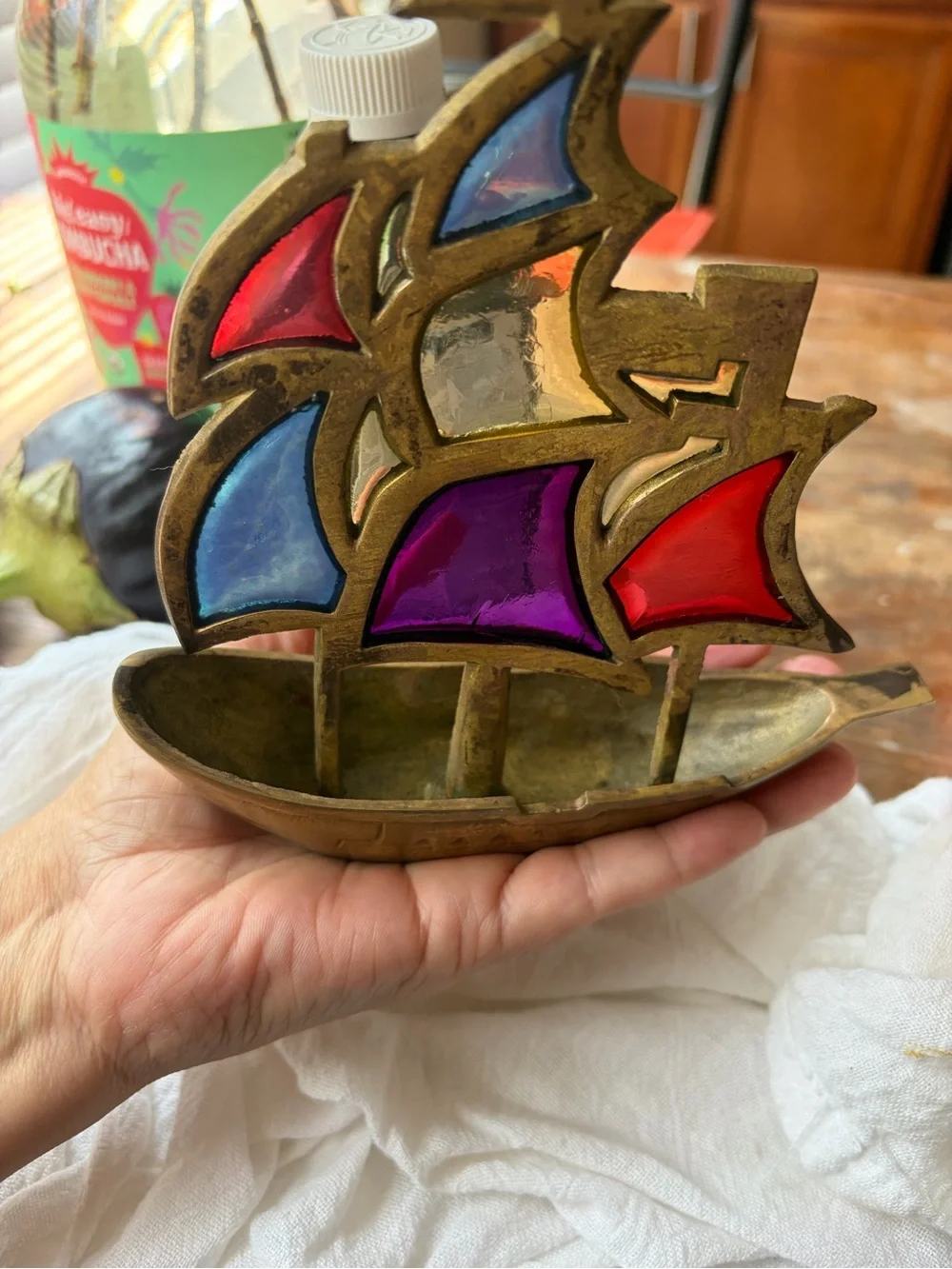 Brass and Stained Glass Sailboat Accent - Multicolor